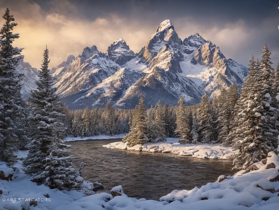 Create a cut paper, art print of the grand Teton range in winter.
