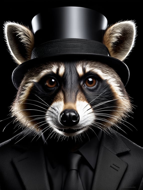 Raccoon, avant-garde, simplygo, photoshoot spread, dressed in all black, black background, harpers bizarre, cover, headshot, hyper realistic