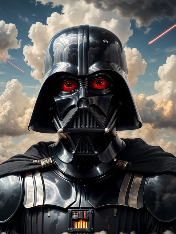 darth vader, vintage, grain, rene magritte style, cloud backgrounds, high quality
