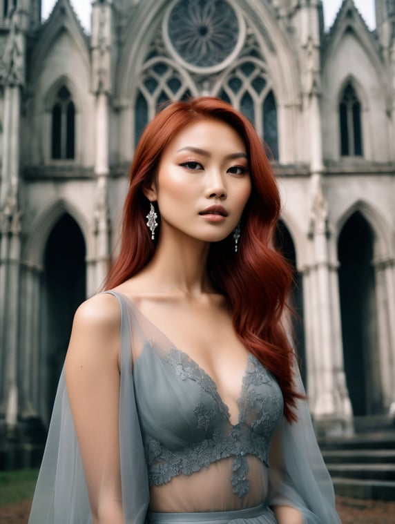 Portrait of beautiful asian fashion model with pale red hair, ethereal dreamy foggy, photoshoot by annie leibovitz, editorial fashion magazine photoshoot, fashion poses, in front of gothic cathedral architecture. kinfolk magazine. film grain. a soft smile