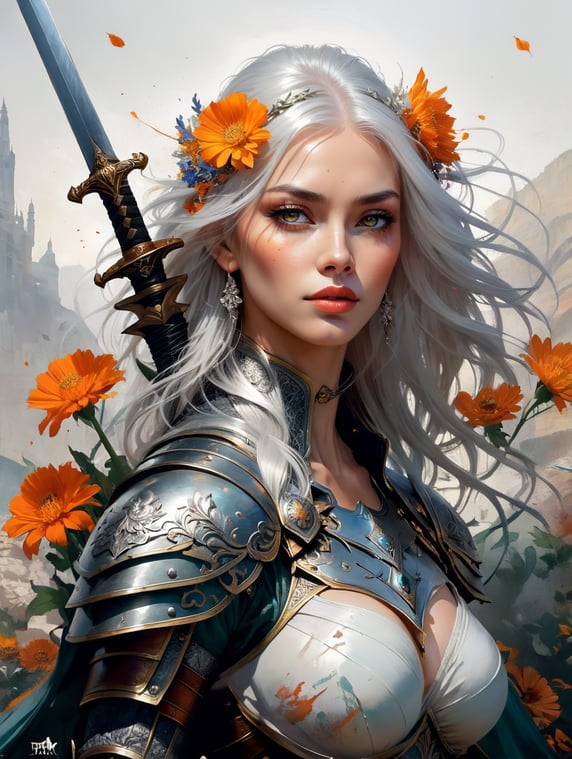 Beautiful white woman + warrior + white hair + grey eye + armor engraved with flowers + slumped on a sword