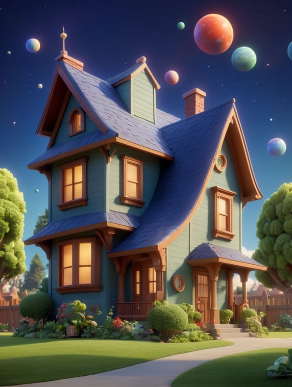 A house blasting off into space