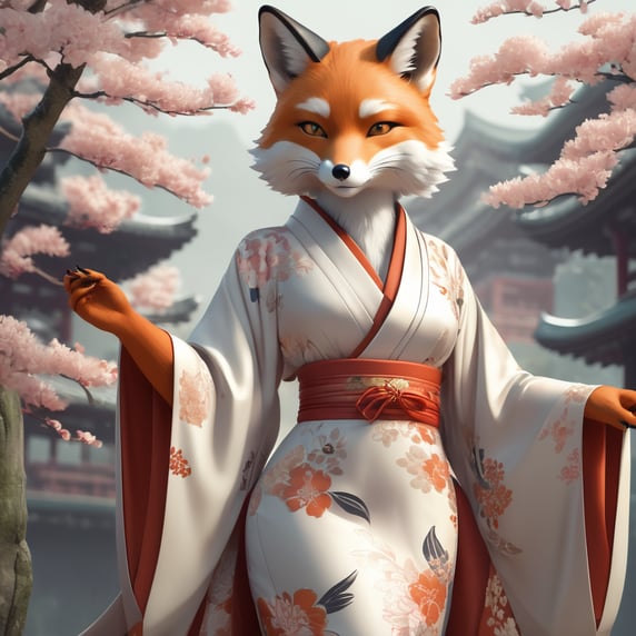 Anthropomorphic fox girl with a large chest in a kimono