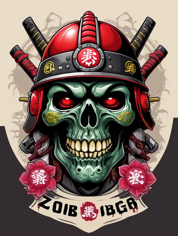 Zombie Skull with Japanese samurai helmet, mascot logo, e-gaming, bright colors, Gaming Logo, vector image