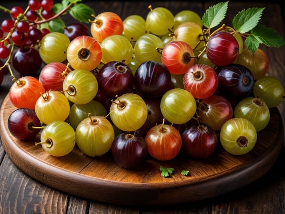 Gooseberries scattered on black wooden boards