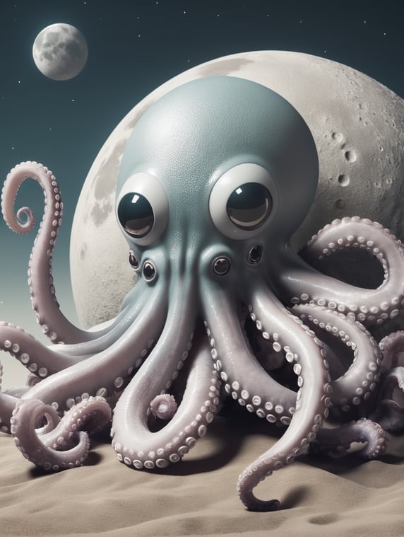 a 3D render octopus on covering moon, space