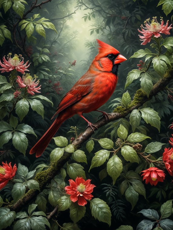 An Edwardian botanical oil painting, illustration of a red cardinal bird on a branch surrounded by flora and fauna