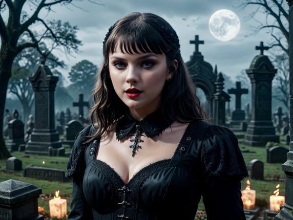 Taylor Swift as Wednesday Addams performing in a spooky cemetery at night