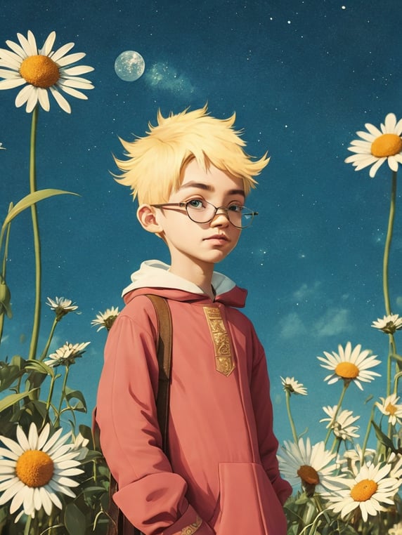 a cartoon boy, in the style of light gold and pink, , studyblr, fanciful costume design, grainy, kawaii, francis davis millet, a stamp with a big field of daisies on it, in the style of lo-fi aesthetics, realistic scenery, realistic blue skies, minimalist landscapes, framing, flickr, y2k aesthetic