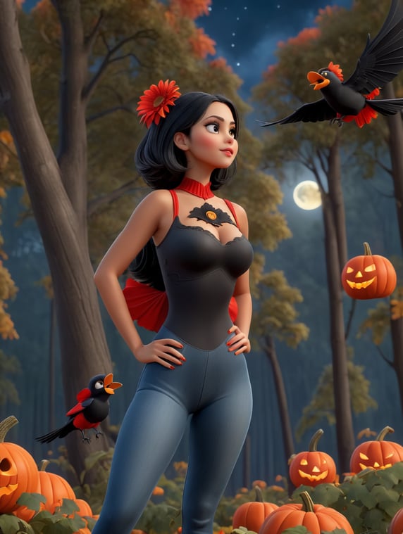Eiza González, Dark Night, In the background a forest, A bright moon, Halloween day, black crows, tits, pumpkins, A red gerbera on the head on the right side, textile black leotard, blue jeans
