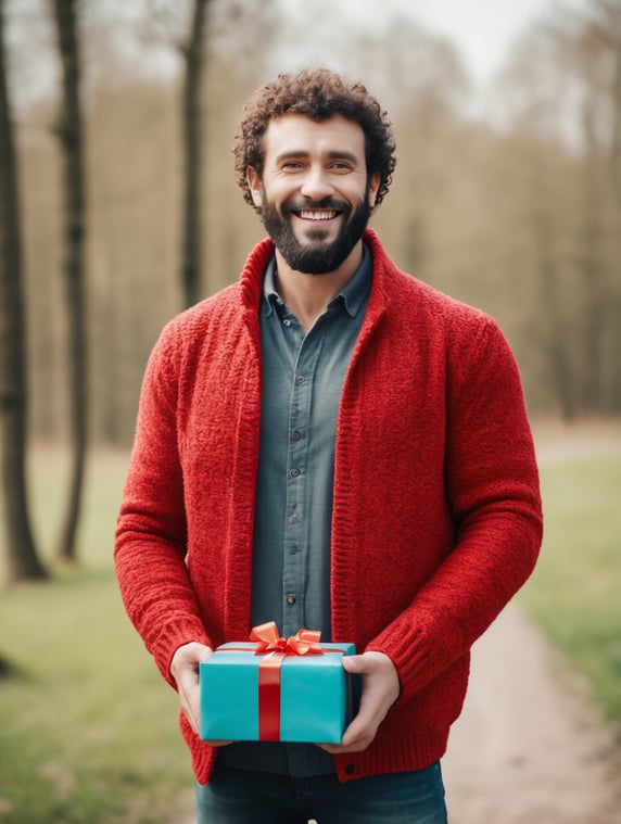 portrait of a bearded curly man wearing red knitted jacket, stands front camera with gift box his hand, happy birthday images, spring time