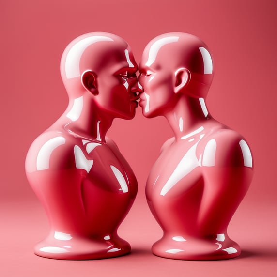 Kiss Art: Two red glazed ceramic single color figures kissing each other, isolated, pink background