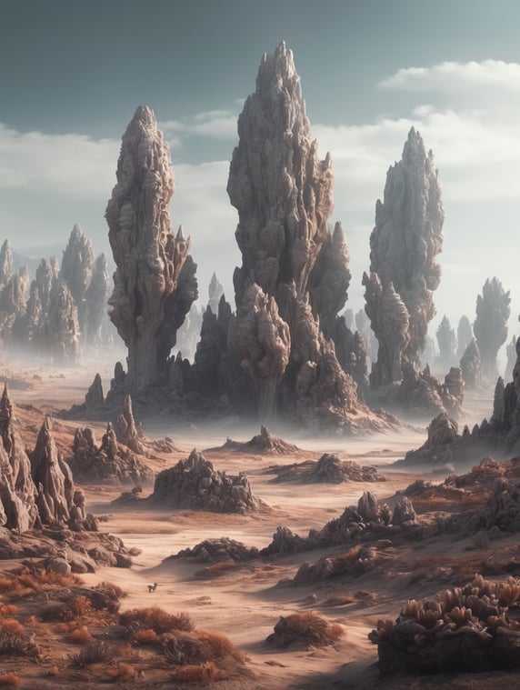 Create an alien landscape with bizarre rock formations, glowing flora, and strange, otherworldly creatures roaming the terrain.