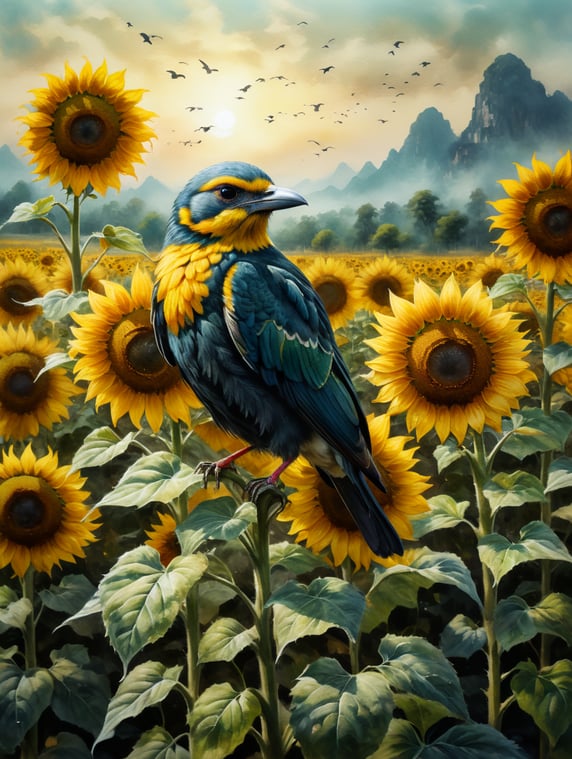 chinese bird sunflower field watercolour painting texture background art nature inspired traditional painting bird in nature eastern aesthetics