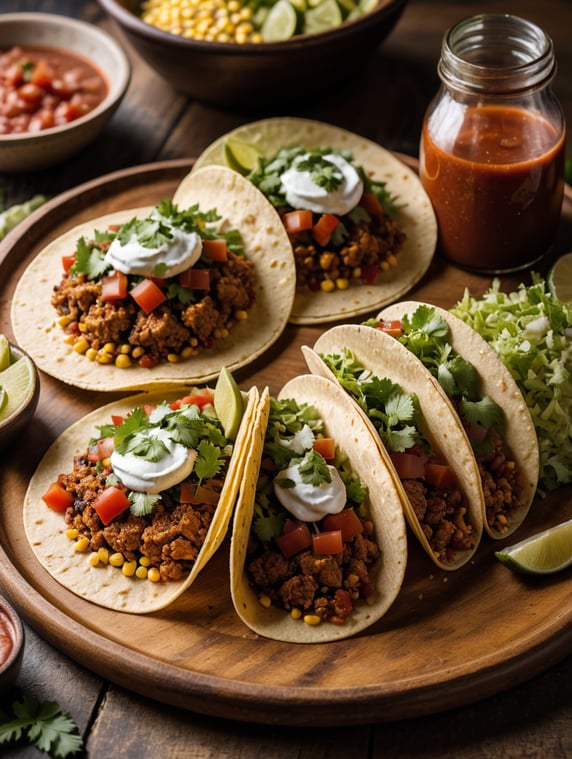 Tacos de (((Ground chicken with sauce))), the recipe is made in a country house, with a view of the mountains of Colombia on a sunset, the Tacos of ground chicken, diced tomatoes, lettuce cut into strips, ((( tacos that are made of corn))), on a wooden plate, the table that is made of dark wood, the table is served, in the background you can see people, small jars with red sauces, sharing, taken with a close up lens, 50mm, nikon 35mm (((corn tacos))) (((Ground chicken with sauce))); Tacos de (((Pollo molido con salsa))), la receta realizarla en una casa campestre, con vista a las montañas de colombia en un atardecer, los Tacos de pollo molido, tomates en cubos, lechuga cortada en tiritas, (((tacos que sean de maiz))), sobre un plato de madera, la mesa que sea de madera oscura, servida la mesa, de fondo se ven personas, pequeños frascos con salsas rojas, compartiendo, tomado con un lente close up, 50mm, nikon 35mm (((tacos de maiz))) (((Pollo molido con salsa)))