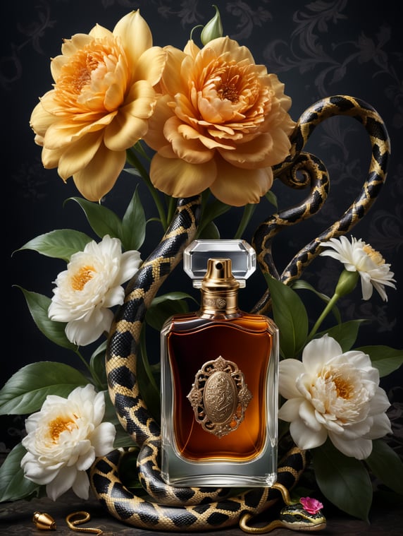 Floral background with perfume bottle with blanc label and snake wrapped around the bottle