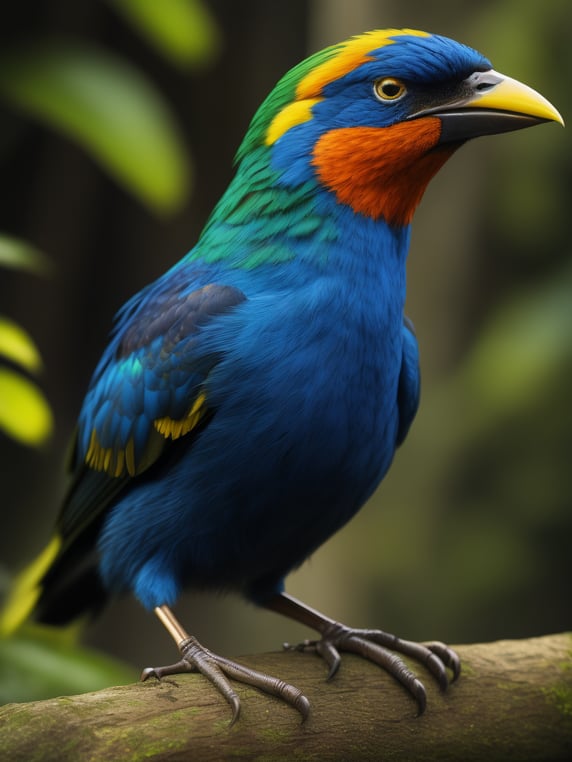 a Fanix bird of bright colors, blue|green|yellow bird, blurry, depth_of_field, bird, in the rainforest, full_body, no_humans, realistic, in forest, (3d render:1.25), realistic, dark, epic, (detailed:1.22), (extremely intricate details:1.2), textured, (intricate details:1.12), hdr, (intricate details, hyperdetailed:1.15), realistic, detailed, balanced, by Trey Ratcliff, Klaus Herrmann, Serge Ramelli