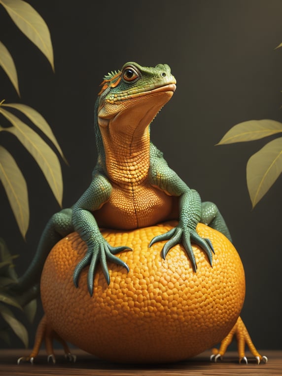 An animated lizard is sitting on top of an orange, charming character illustrations, photorealistic still lifes, highly detailed foliage, zbrush, color gradients, stock photo, in the style of mike campau —ar 2:3 —v 5 —q 2 —s 750