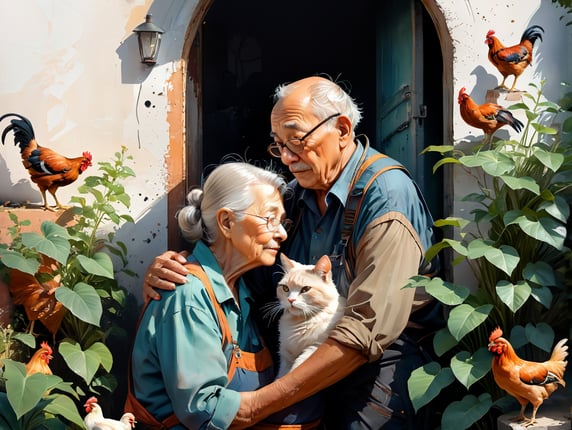 elderly couple huging sourrounded by plants, chickens, cats