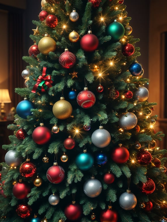 Closeup image of a Christmas tree, with lights of different colors and f x, simulating Christmas balls are small dogs of different breeds hanging from the tree as gifts. photoreal: 1.4, lifelike,highly detailed CG unified 8K backgrounds,looking at the viewer, (HQ skin:1.4), 8k uhd, dslr, soft lighting, high quality, film grain, photo realistic