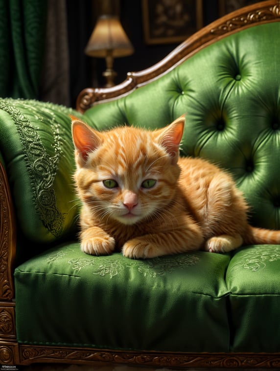 A small ginger kitten asleep on a large settee, covered in plain green fabric.