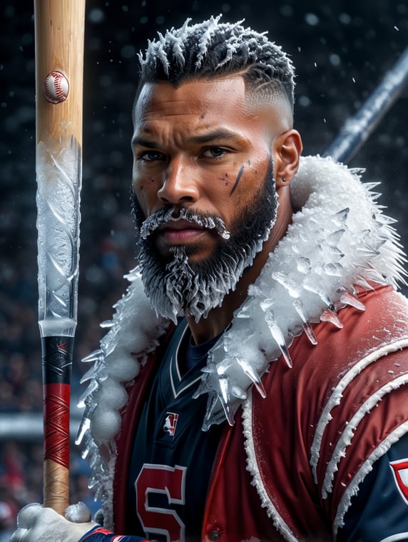Byron Buxton with icicles in his beard and a baseball bat made of ice