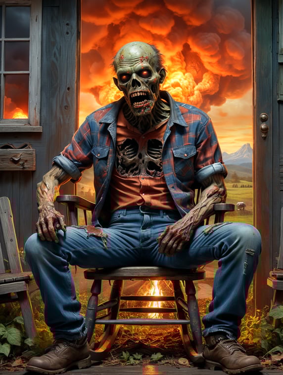 An zombie melting with a weathered face, wearing a plaid shirt and denim overalls, sits calmly in a creaking wooden rocking chair on a front porch. In the distance, a massive mushroom cloud rises from a nuclear explosion, casting an eerie orange glow on the surroundings. The juxtaposition of peace and chaos in a post-apocalyptic setting creates a haunting and thought-provoking image. Extreme detail, hyper realistic photography.