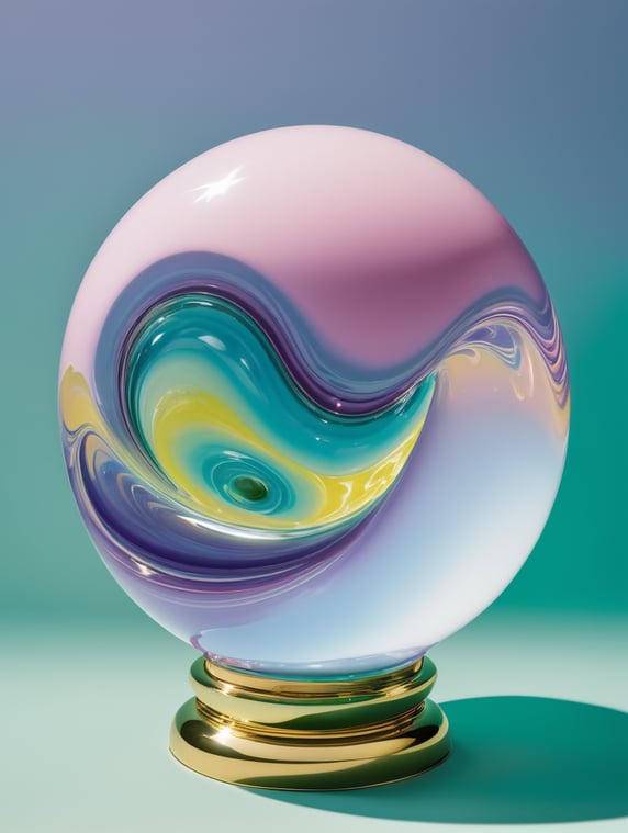 a singular object, floating in mid air, trippy, looks like a ball of liquid porcelain, trap, otherworldly, nature, photorealism, y2k, rave, plain light blue colour background, light green, pinks, purple, yellow