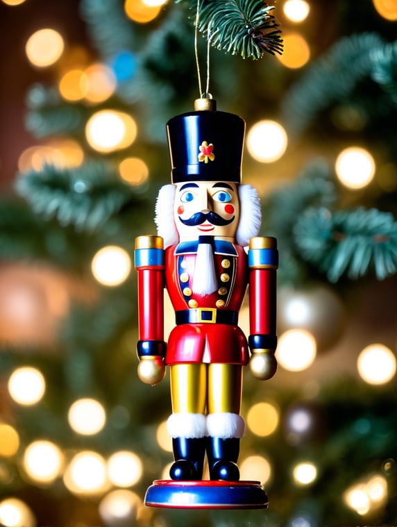 close up of a vintage nutcracker small glass figure, Christmas toy on a Christmas tree, blurred background, at night
