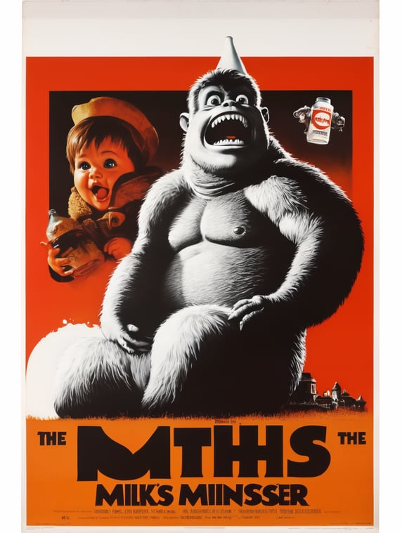 A vintage 1960s movie poster of a milk monster. The monster is adorable, young, cute, fat, furry, and all white. It holds a baby’s bottle full of milk. In the upper left hand corner of the poster there is a human baby’s face.