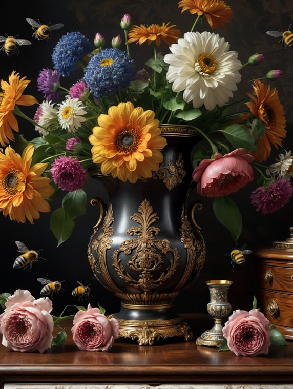 Bunch of flowers in antique vase on antique secretary desk with flying bee; Bos bloemen in antieke vaas op antiek secretaire met vliegende bij