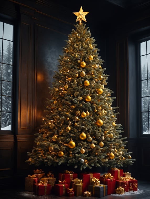 Premium Christmas tree with golden Christmas balls and Christmas colours and some snow