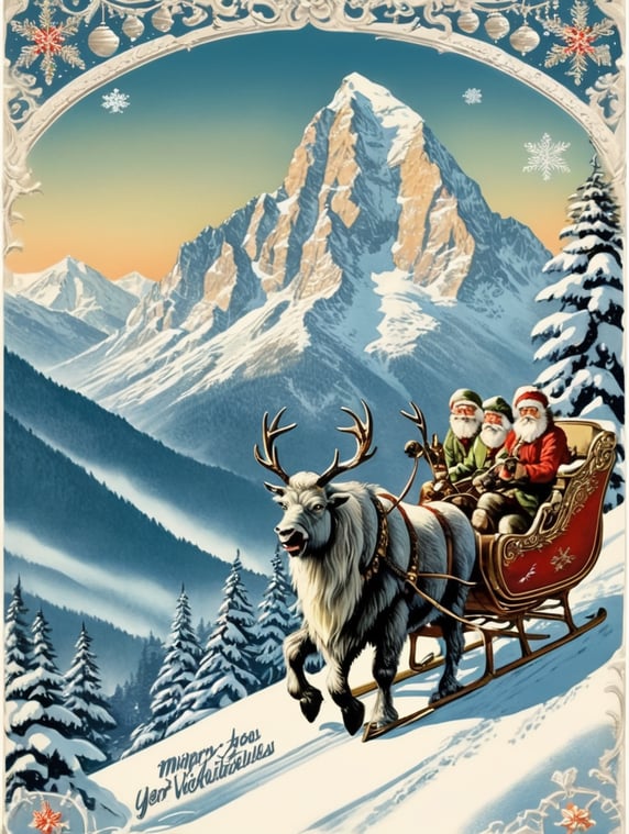 Yeti in a front of Austrian, Tyrol vintage Christmas postcard illustration brimming with nostalgic winter scenes, adorned with sleigh bells and delicate snowflakes