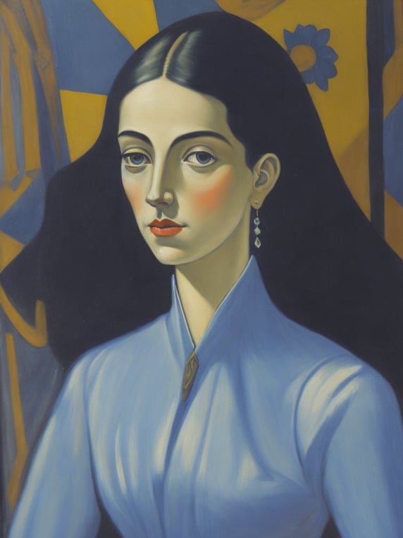 Portrait of a woman in a blue dress, Painting, Oil, Tempera, Portrait, Cubism, style of Alice Bailly