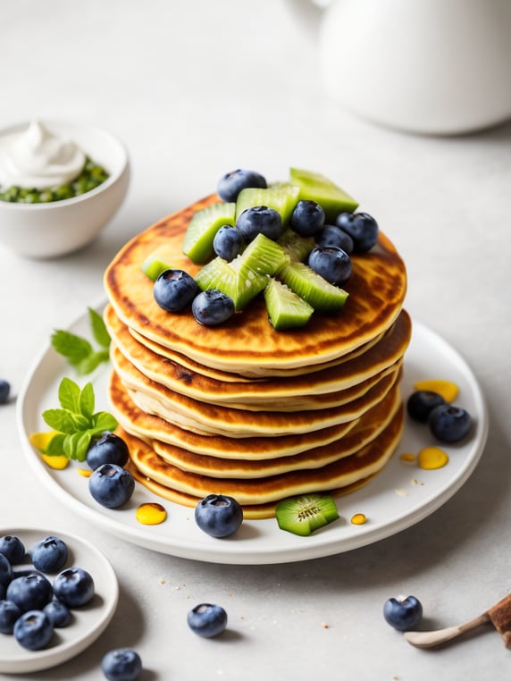 Pancakes with blueberry and kiwi decorated with chamomile flowers, bright atmosphere, Provence, Depth of field, Incredibly high detailed