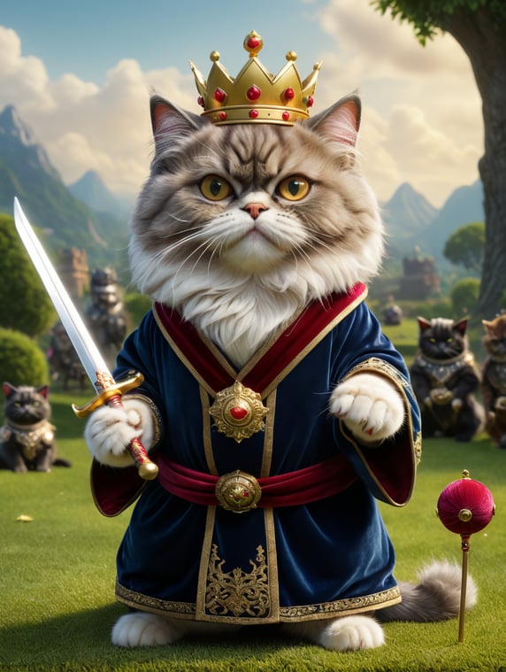 A 3d render of funny cute Persian Cat armed with toy weapons in style of Clash of Clans. Wearing a regal velvet robe with a crown and sits on a velvet cushion, looking dignified but a bit angry. Uses its luxurious fur as a shield, and emits calming purrs that can stun opponents. Add some scattered cat toys. Standing on a piece of grass cut out, soft colour background studio, photorealistic, Pixar style