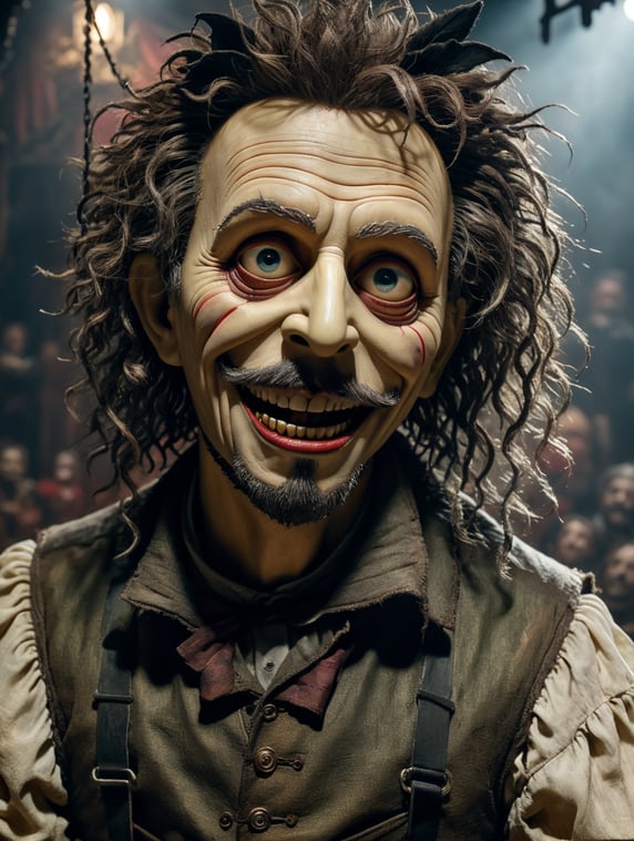 By Tim Burton and Jim Henson, haunted marionette, trapped in a sinister, abandoned puppet theater, eerie, whimsical, Halloween, cinematic photography, action shoot, movement, epic, high definition