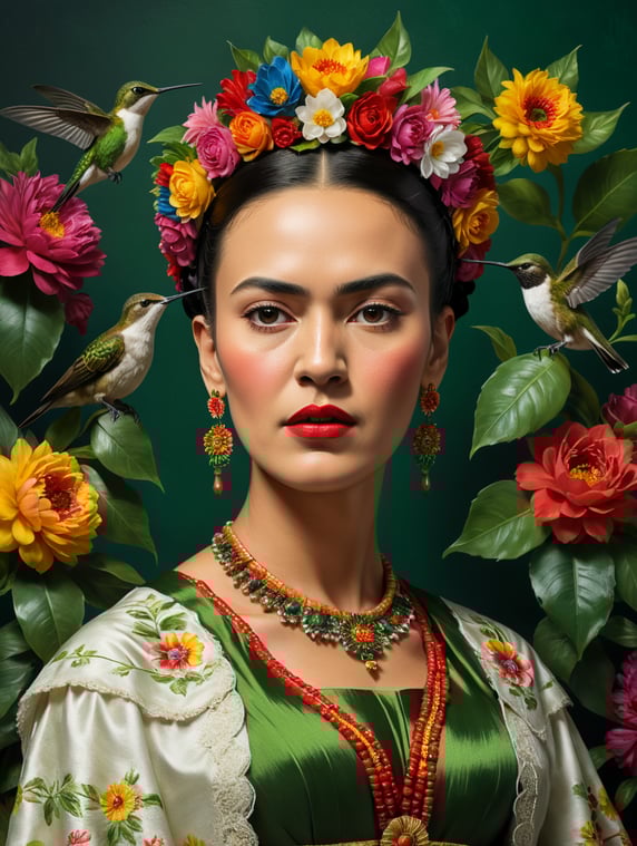 real character, in hyperrealism of Frida Kahlo with a flower crown, traditional Mexican dress that generates contrast with the background of a dark green wall, striking accessories and with all the characteristics that represent Frida Kahlo looking at a hummingbird. character most similar to the real character; personaje real, en hiperrealismo de frida kahlo con corona de flores, vestido tradicional mexicano que genere contraste con el fondo de una pared color verde oscuro, accesorios llamativos y con todas las características que representan a frida kahlo mirando un colibri. personaje con mayor similitud al personaje real