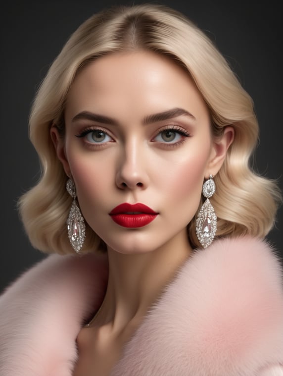 Minimalistic portrait of a beautiful woman with red lips and cold big eyes wearing earrings, a light pink fur coat in a haute couture style isolated on a dark background, cinematic lighting, ultra-realistic, shot in the style of Hasselblad X2D + Pishington E Skinner + Peter Coulson, minimalism --ar 5164