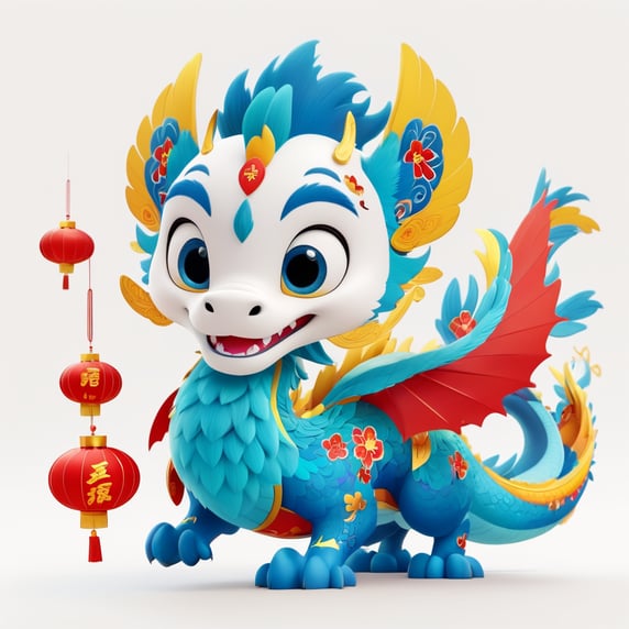 cute 3D dragon flying, chinese new year theme, flat 2D, white background, upscale 4k