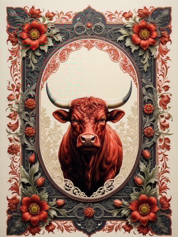 duochrome ink red on cream letterpress print of folk bull and flowers ornate frame design, empty space in middle for text, in the style of William Morris