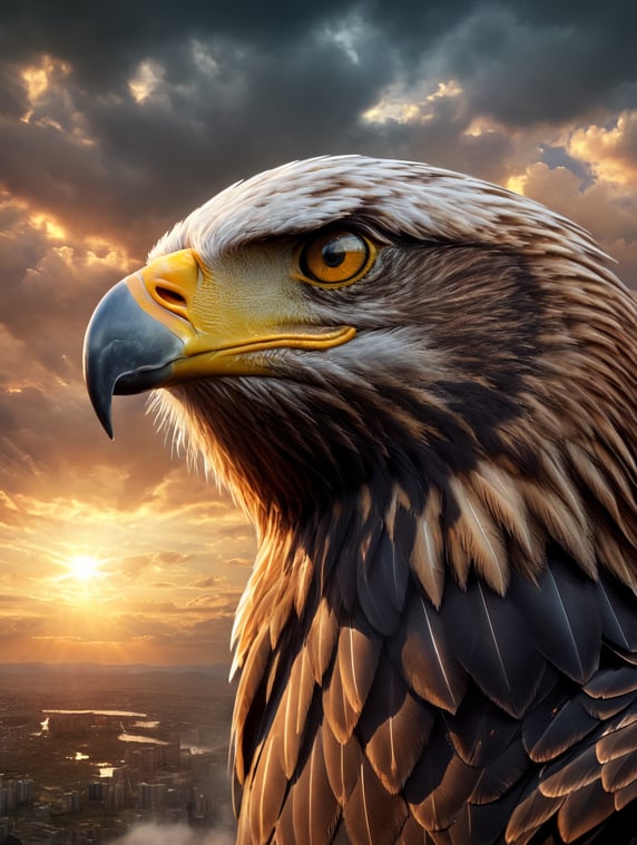 Sharp eagle eye, heavy sky background, sun, rim light