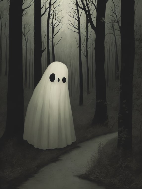 Funny ghost on the background of the forest, John Kenn Mortensen style, incredibly detailed,