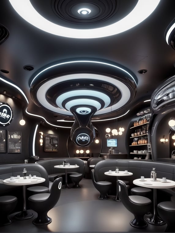 Futuristic interior of UFO cafe. Alien interior, black tones