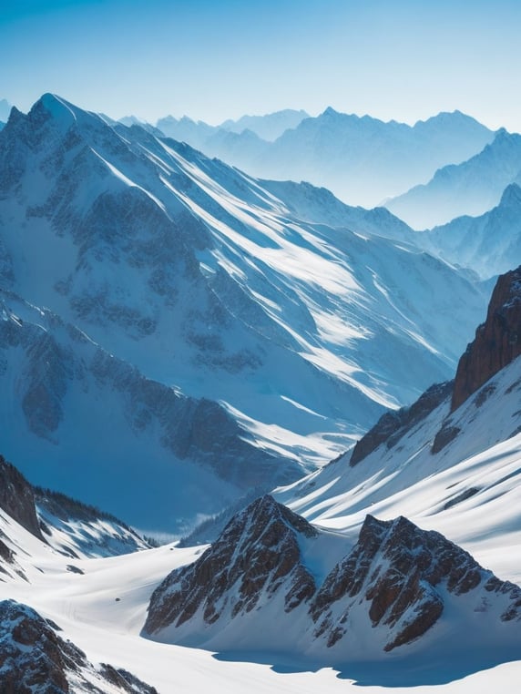 Breathtaking view of a snowy mountain range, with crisp clear air and a brilliant blue sky, serene, peaceful, majestic, high detail, winter landscape