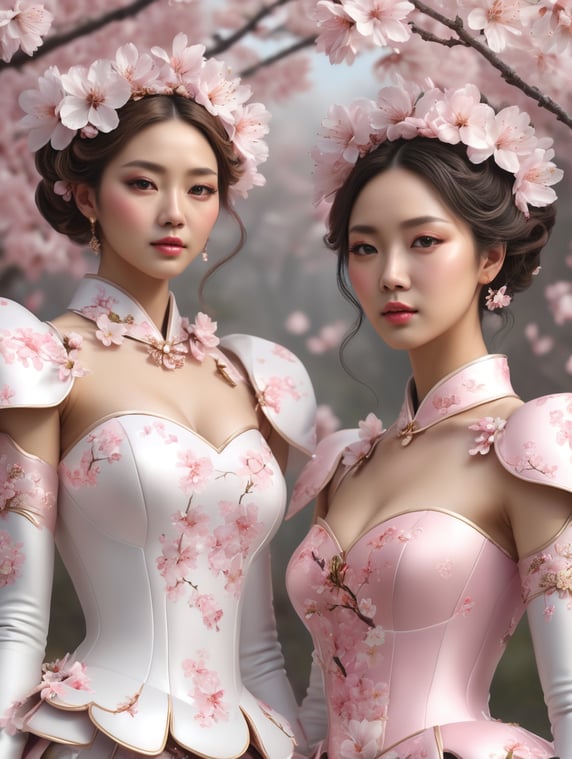 half body photo of two women dressed like cherry blossom queens, epic details, realistic, raytracing, photorealistic, realistic human photo, ultra realistic, masterpiece; foto setengah badan dua perempuan dengan pakaian seperti ratu bunga sakura, epic details, realistic, raytracing, photorealistic, realistic human photo, ultra realistic, masterpiece
