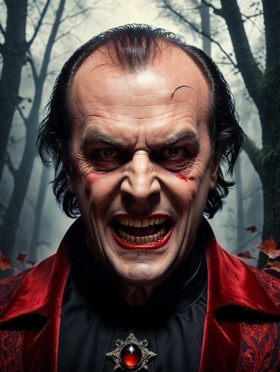 Jack Nicholson in a Dracula Halloween costume, scary face makeup, dark atmosphere, vintage style, red and black colors, high detail photo, professional photo shot, against the backdrop of an old creepy dark forest, contrasting light, bright colors, dark atmosphere
