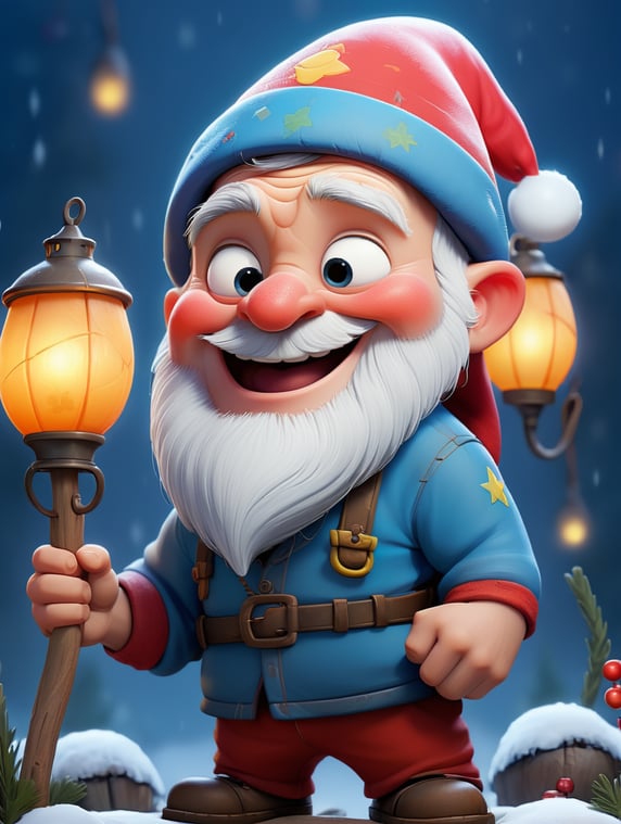 a happy Christmas gnome holding a lantern. No background.