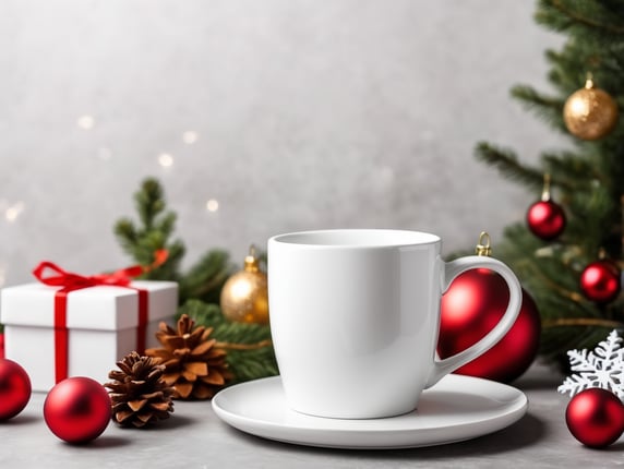 blank White ceramic mug, Christmas style photo, mock up, mockup