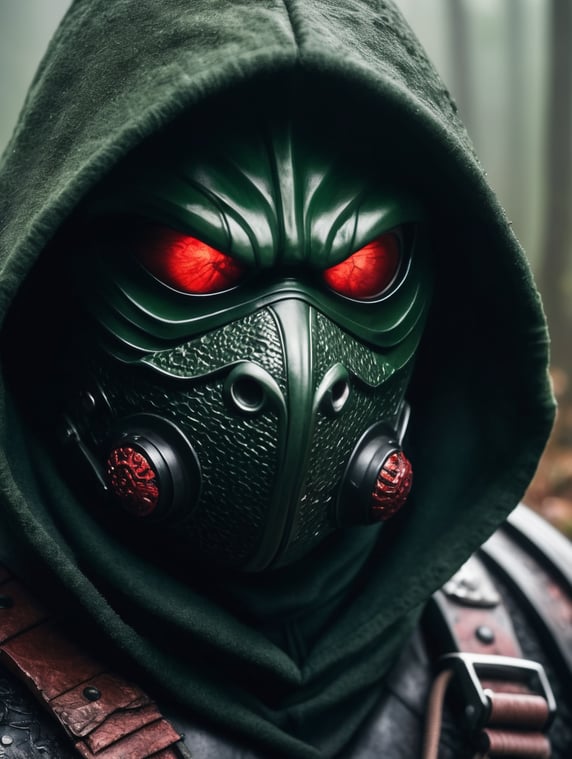 close up of a dark hooded dark green leather masked ninja toad red eyes dark smoky foggy scene